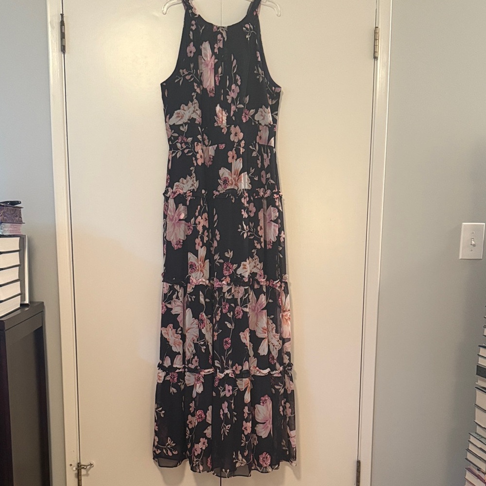 Eliza J Navy Maxi Dress with Pink Floral Design